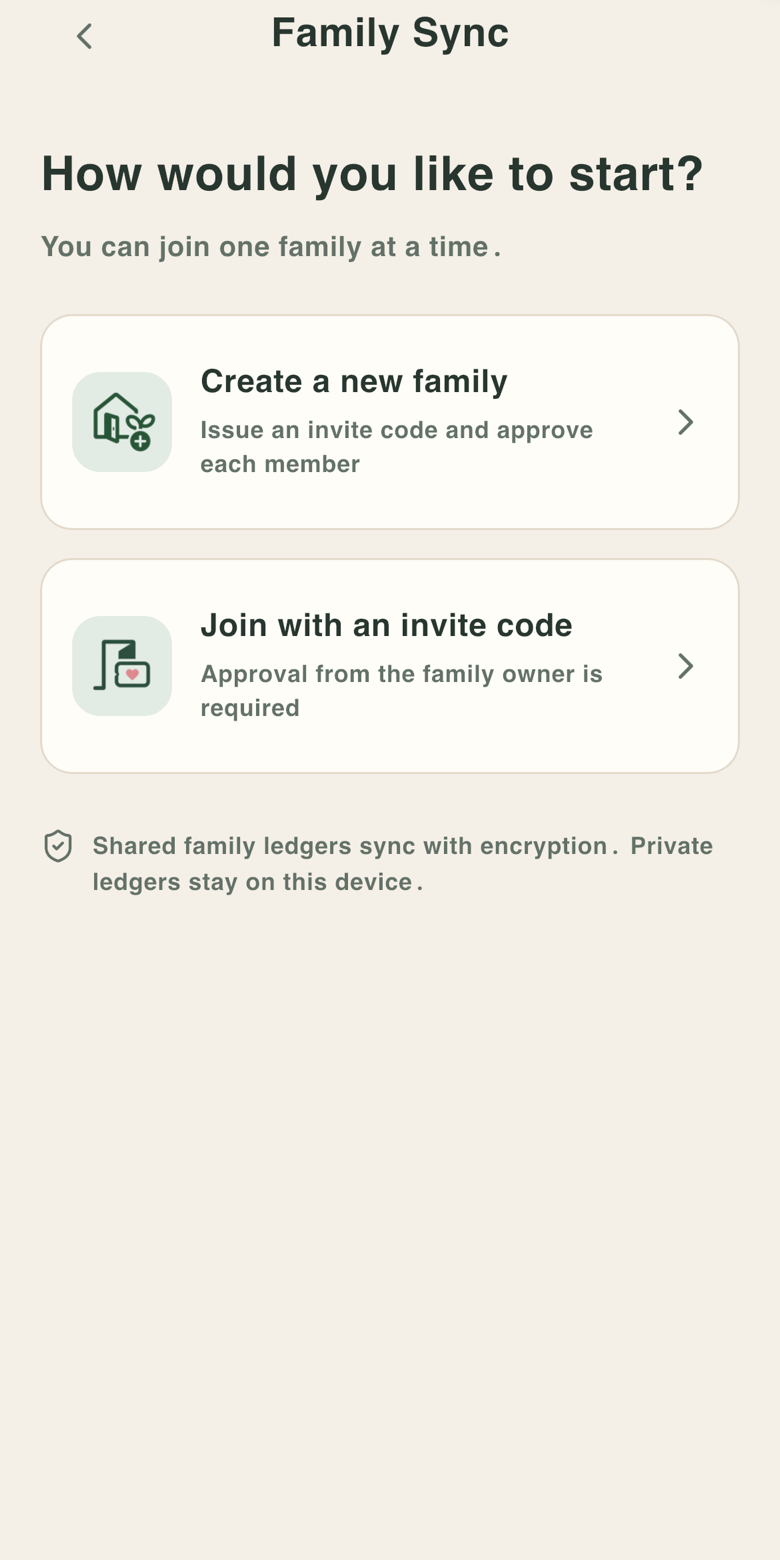 Family management screen with members and sync status