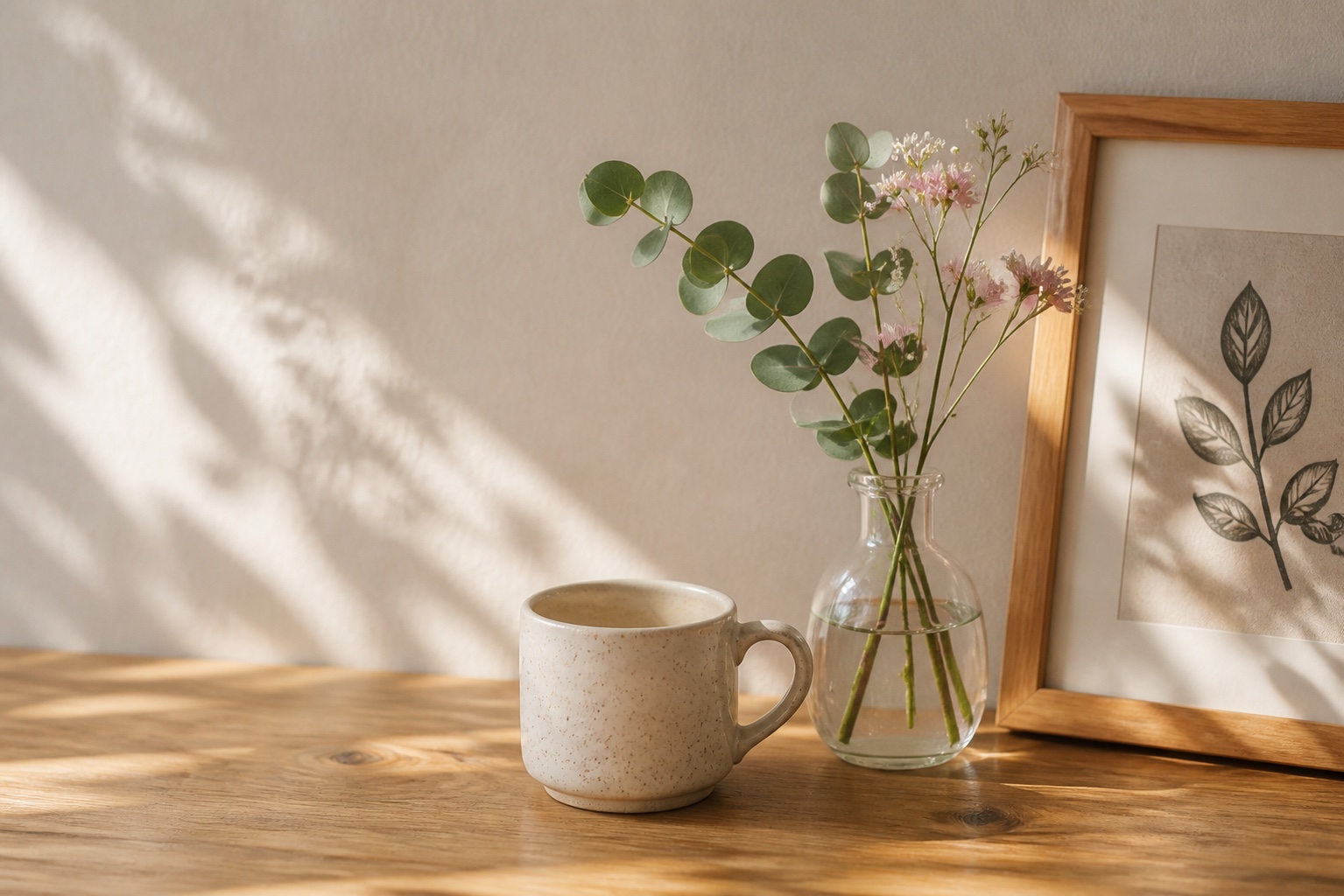 木のテーブルに置かれたマグカップと花、植物画